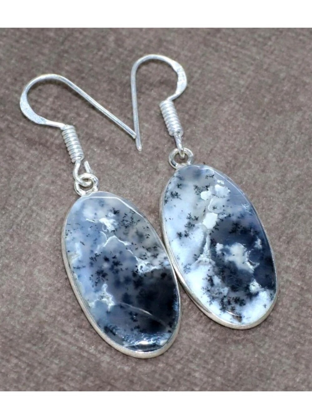 Marine Blue Dendritic Opal Gemstone 925 Sterling Silver Handmade Dangle Earrings